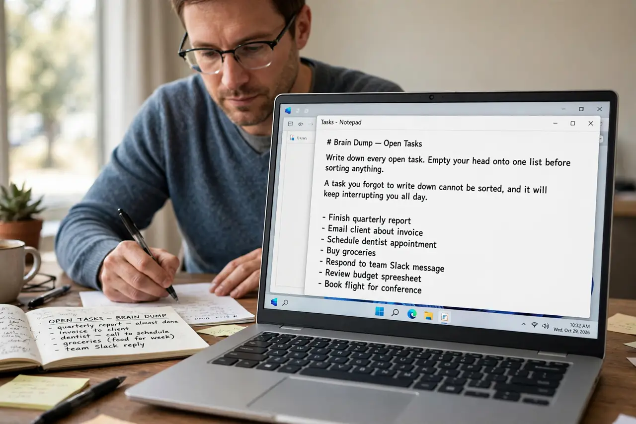 A person performing step 1 of the guide: Write down every open task. Empty your head onto one list before sorting anything. A task you forgot to write down cannot be sorted, and...