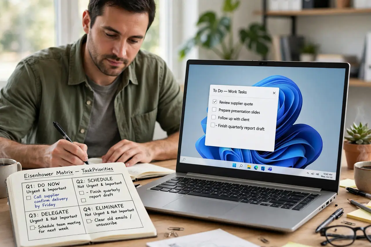 a calm adult at a desk with a real Windows laptop and a paper notebook, a simple four-box matrix drawn on paper with legible labels, the person writing a task into one box
