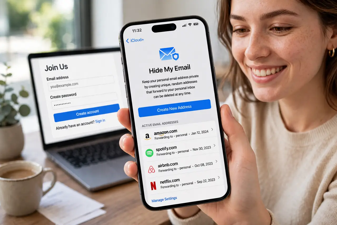 a person on a real iPhone showing Hide My Email settings with a list of random alias addresses legible on screen, the person's face pleased, signup page on a laptop behind.