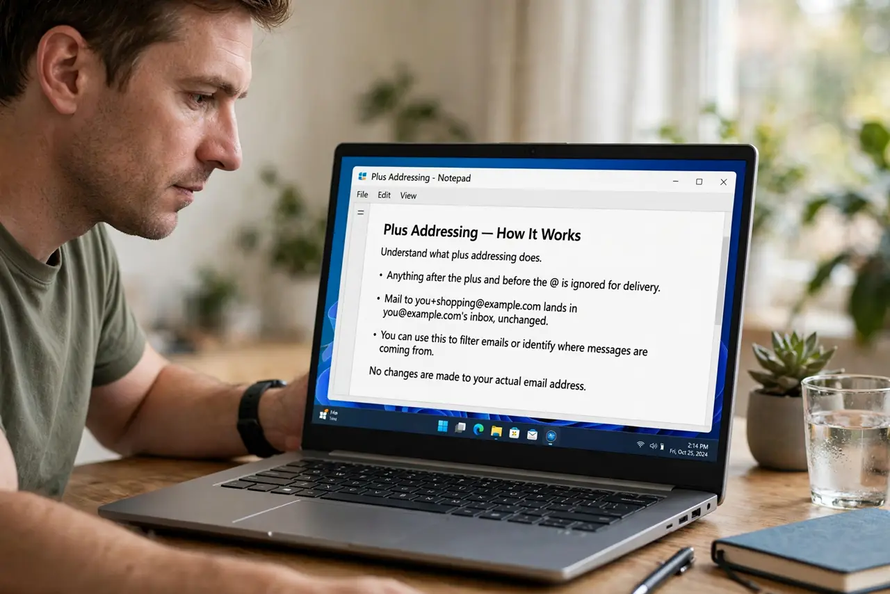 A person performing step 1 of the guide: Understand what plus addressing does. Anything after the plus and before the at-sign is ignored for delivery. Mail to you+shopping@example.com lands in you@example.com's inbox, unc...