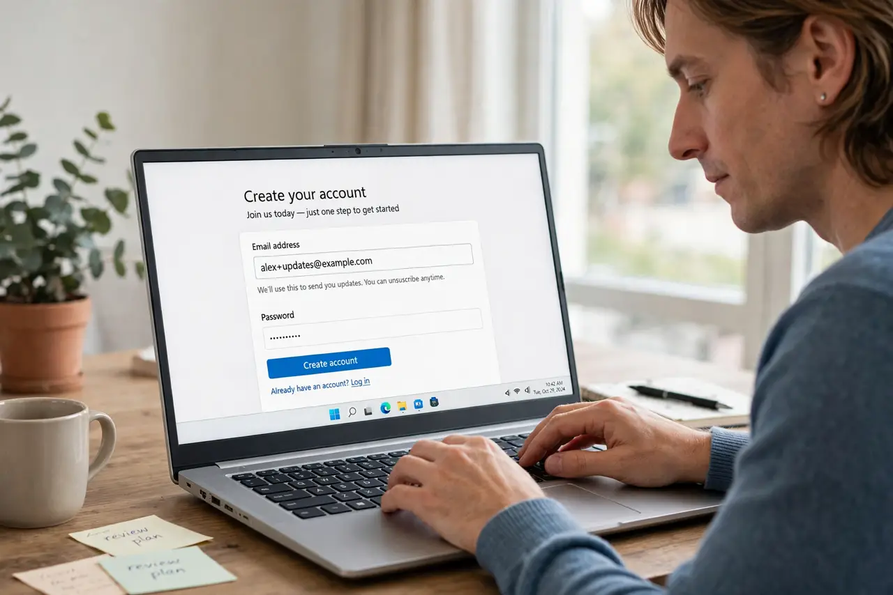 a calm adult at a desk with a real Windows laptop, the screen showing a signup form with an email field containing a fully legible plus address, the person typing calmly. No black screen, no blank white screen, no fak...