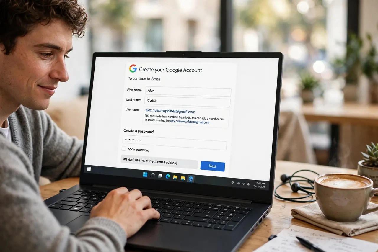 a person typing on a real laptop showing a Gmail signup form with an email alias containing a plus sign legible on screen, the person's face clever and satisfied, coffee nearby.