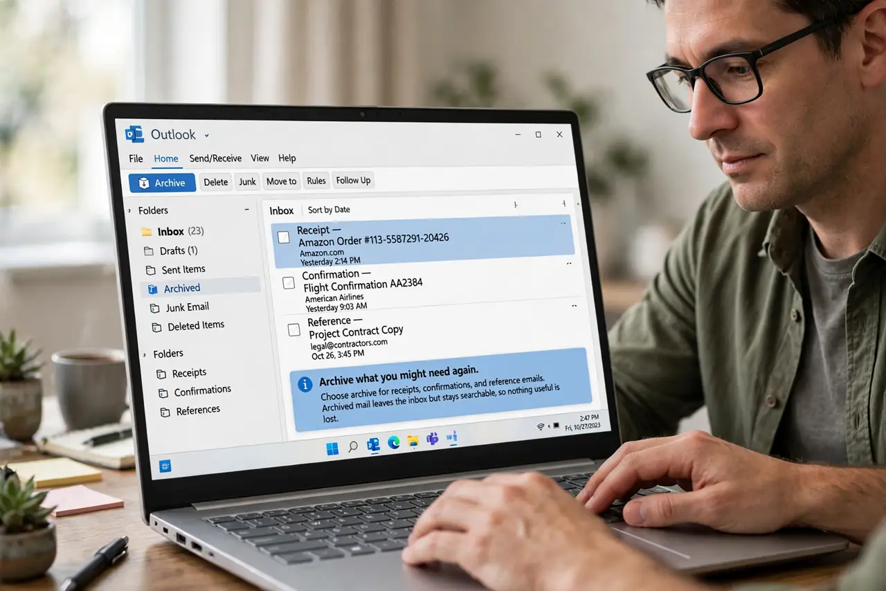 A person performing step 1 of the guide: Archive what you might need again. Choose archive for receipts, confirmations, and reference emails. Archived mail leaves the inbox but stays searchable, so nothing useful is lost.