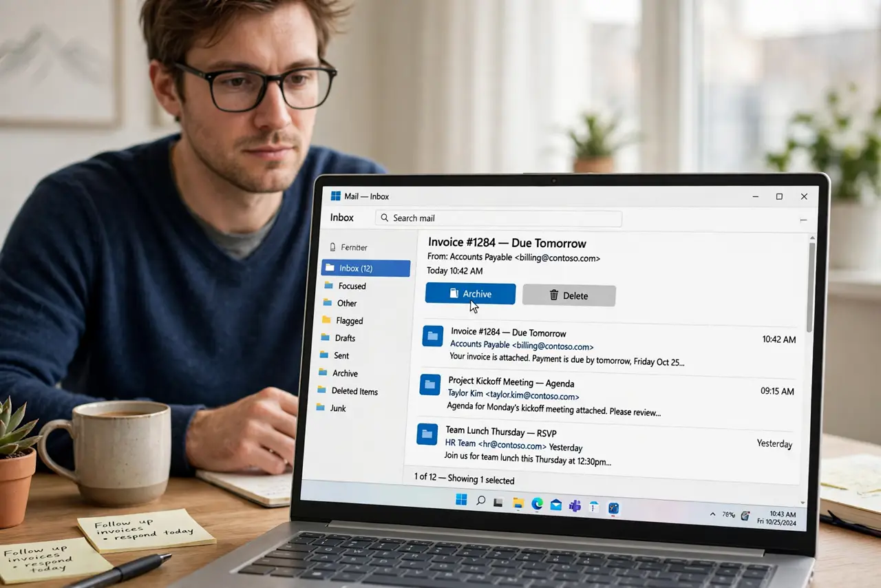 a calm adult at a desk with a real Windows laptop, the screen showing an email inbox with archive and delete buttons fully legible, the person choosing between them. No black screen, no blank white screen, no fake or ...
