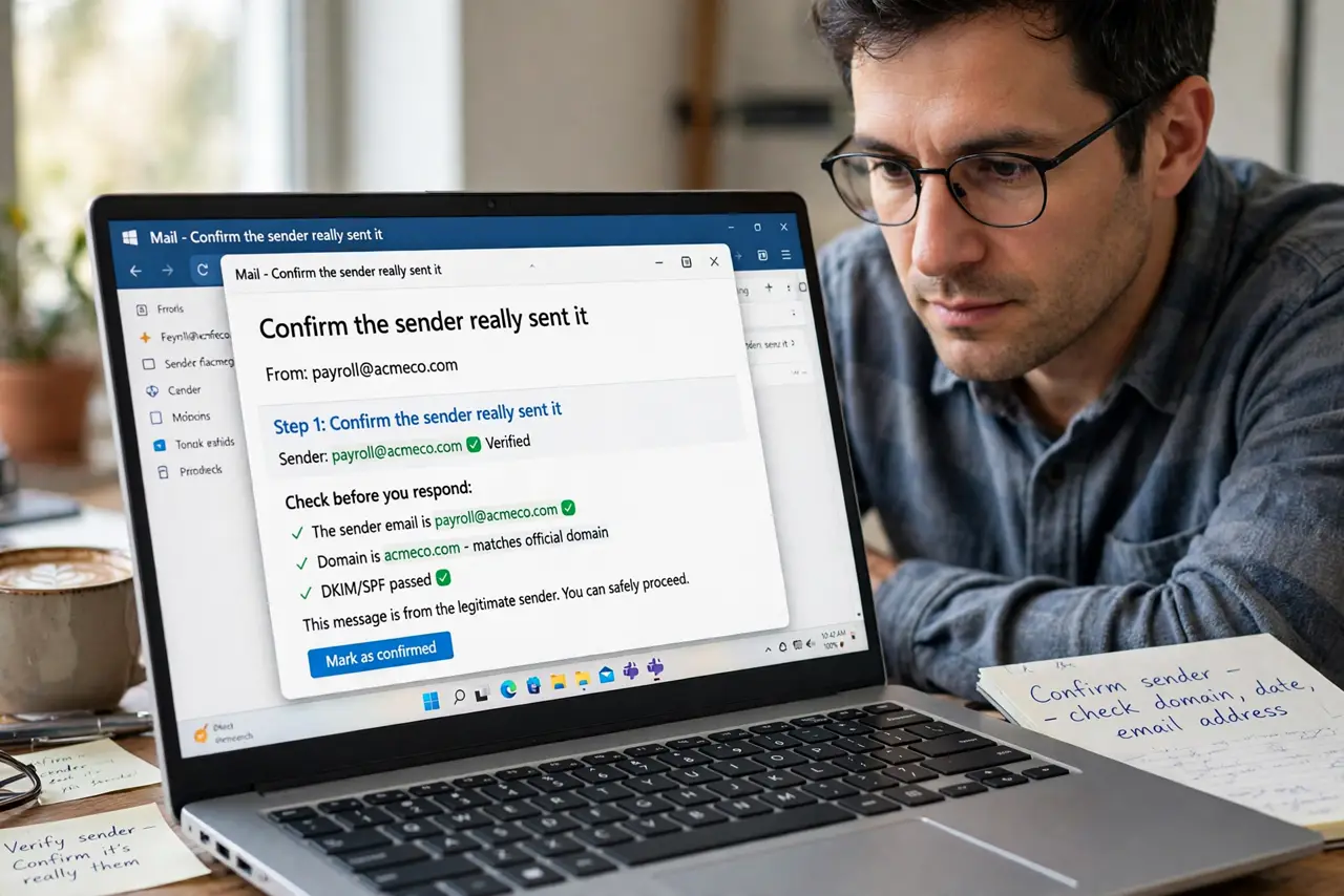 Person performing step 1: Confirm the sender really sent it. Contact the sender through a separate channel, such as a known phone number or a new message, and ask...