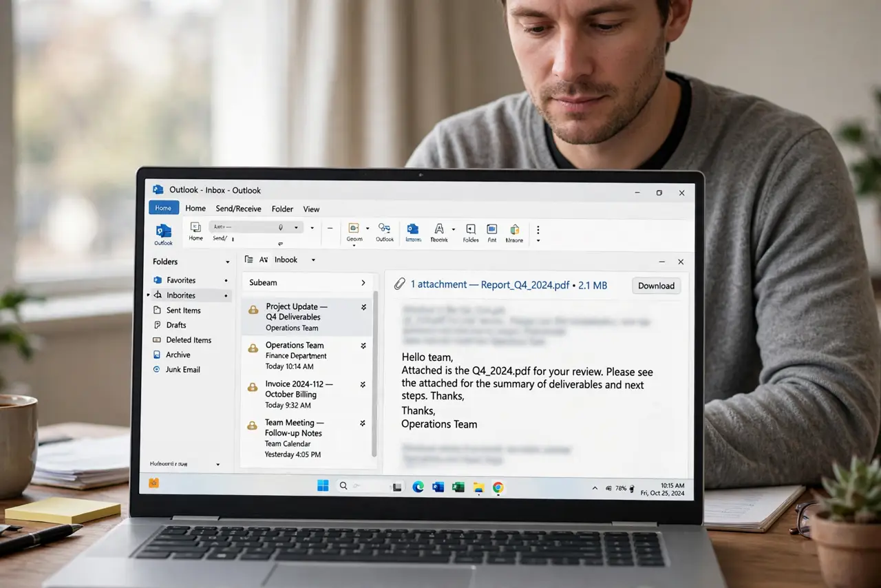 Photorealistic photo: A calm adult at a desk with a real Windows laptop, an email inbox open on screen with an attachment notice visible, screen text legible, no personal email content readable.