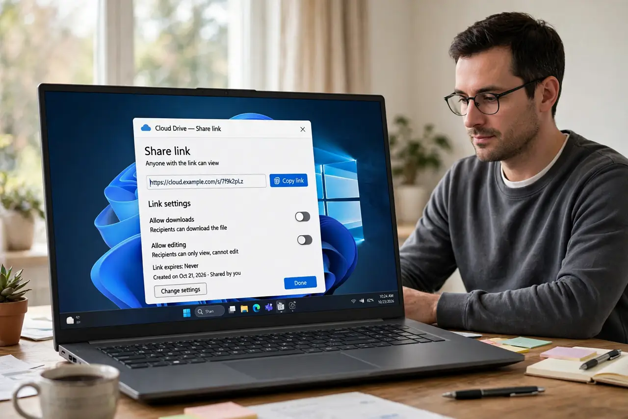 Photorealistic photo: A calm adult at a desk with a real Windows laptop, a cloud drive share-link window open on screen, screen text legible, no personal file names readable.