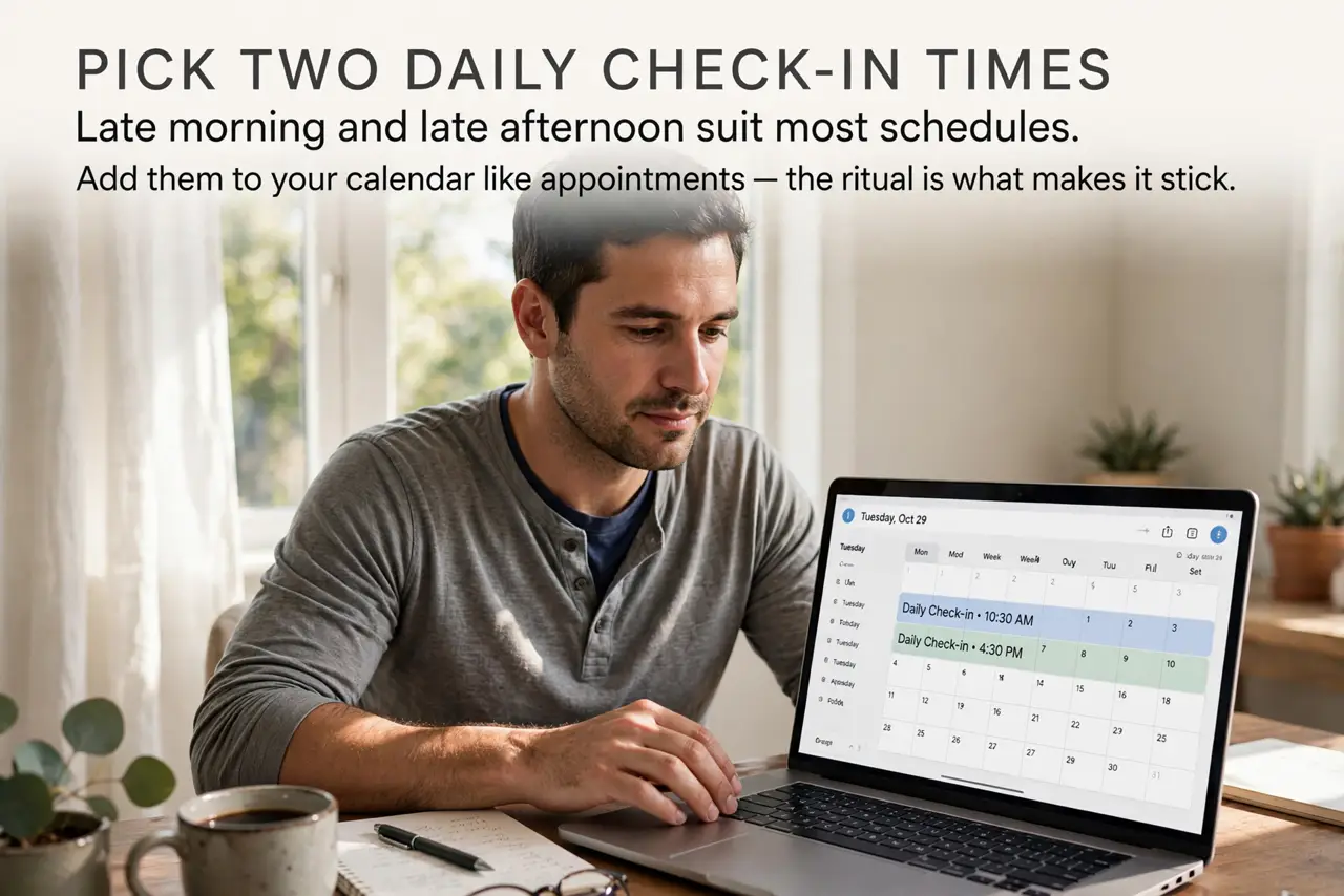 A person performing the first step of the guide: Pick two daily check-in times.