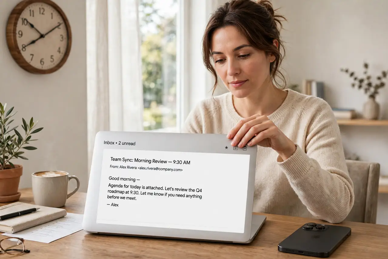 a person closing a laptop email window at a desk with a visible clock showing morning time, a phone face-down beside it, the person's face calm and focused, bright home office.