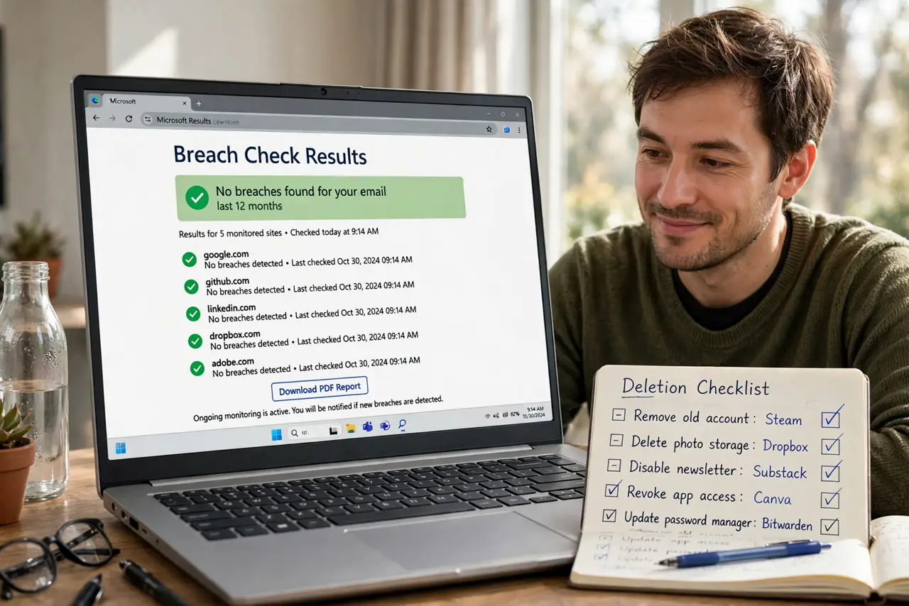 a person at a desk reviewing a real breach-check results page with legible site names on a laptop screen, the person's face serious then relieved, notebook with a deletion checklist.