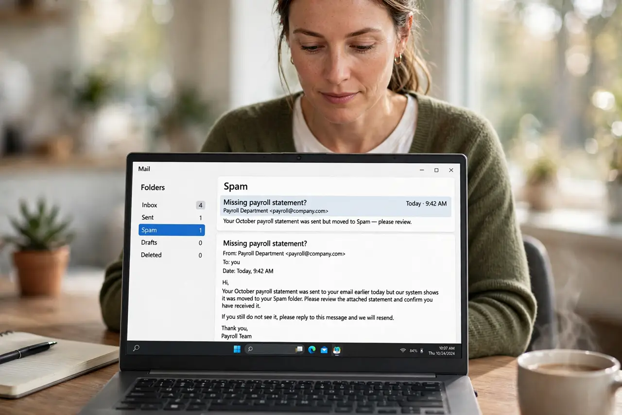 Person performing step 1: Check the spam folder for the missing mail. Open the spam folder and look for the message you expected. Finding it there confirms a...