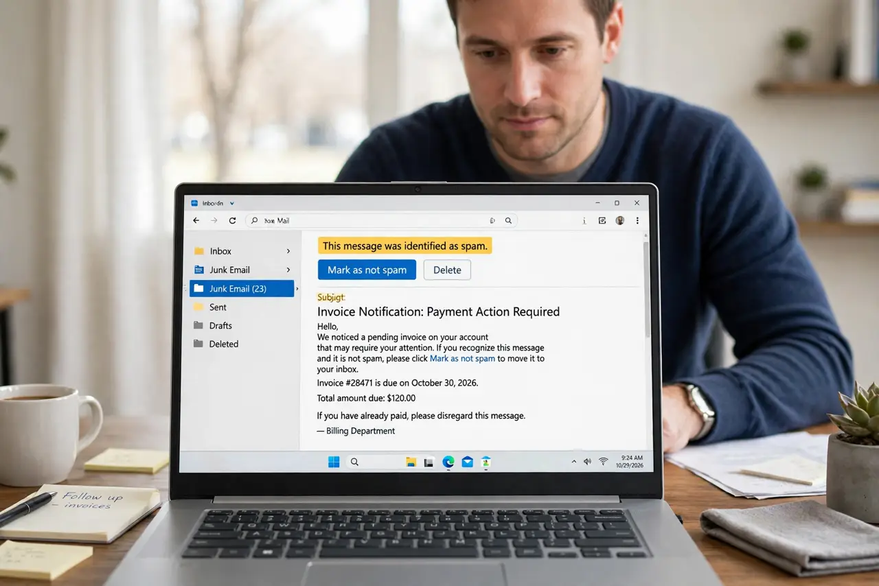 Photorealistic photo: A calm adult at a desk with a real Windows laptop, an email spam folder open on screen with a mark-as-not-spam option visible, screen text legible.