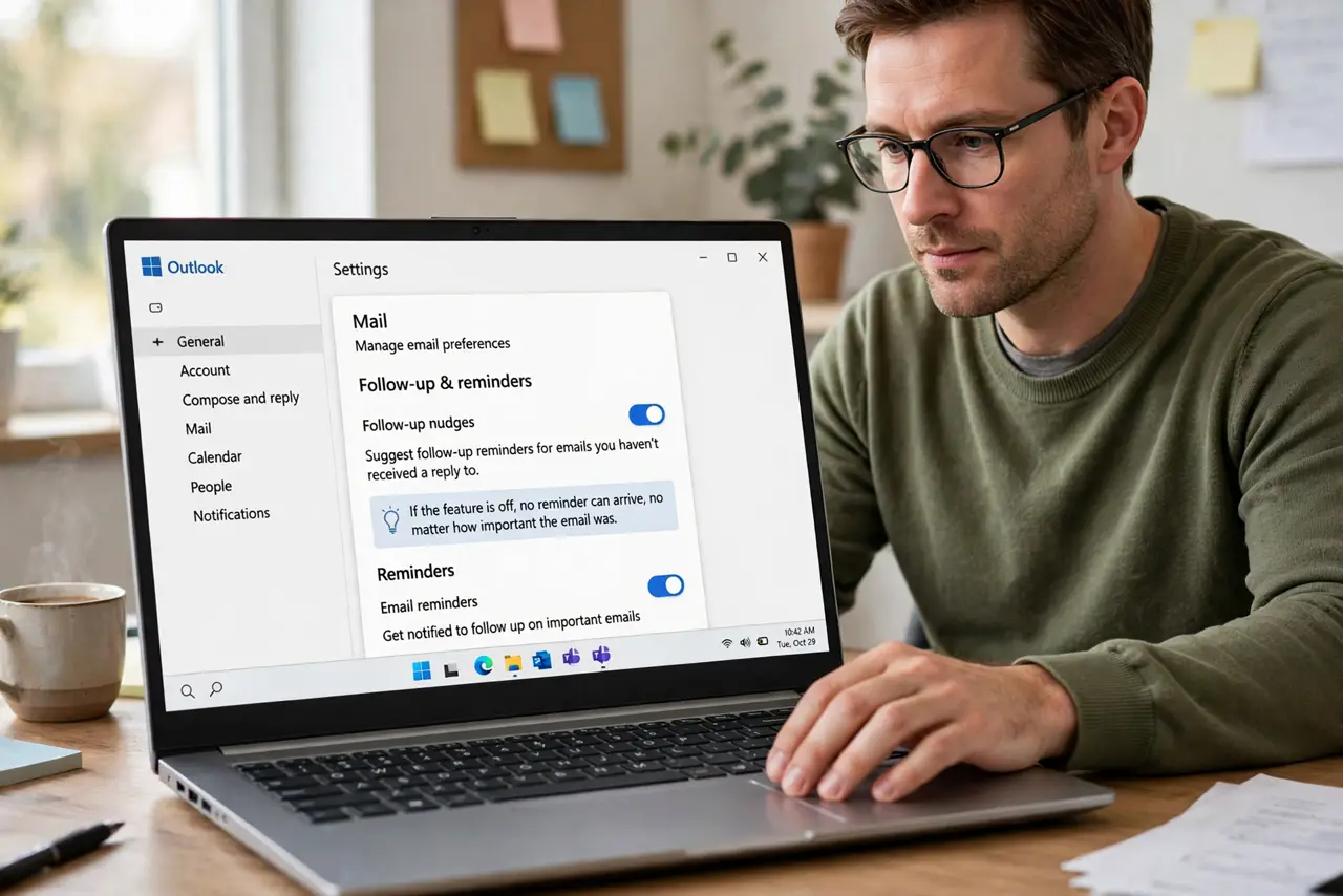 A person performing step 1 of the guide: Turn on follow-up nudges. Open your email settings and look for nudges, follow-ups, or reminders. If the feature is off, no reminder can arrive, no matter how important the email w...