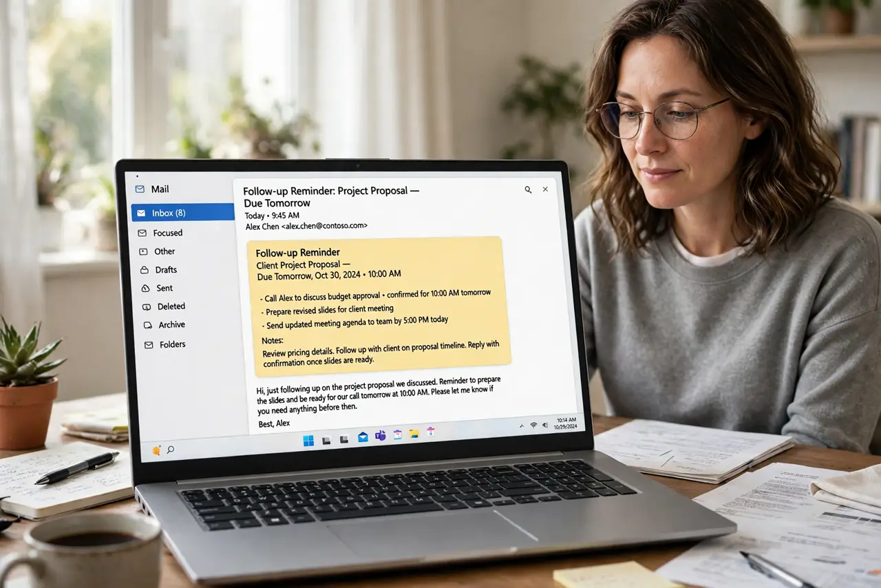 a calm adult at a desk with a real Windows laptop, the screen showing an email inbox with a follow-up reminder card fully legible, the person reading it calmly. No black screen, no blank white screen, no fake or garbl...