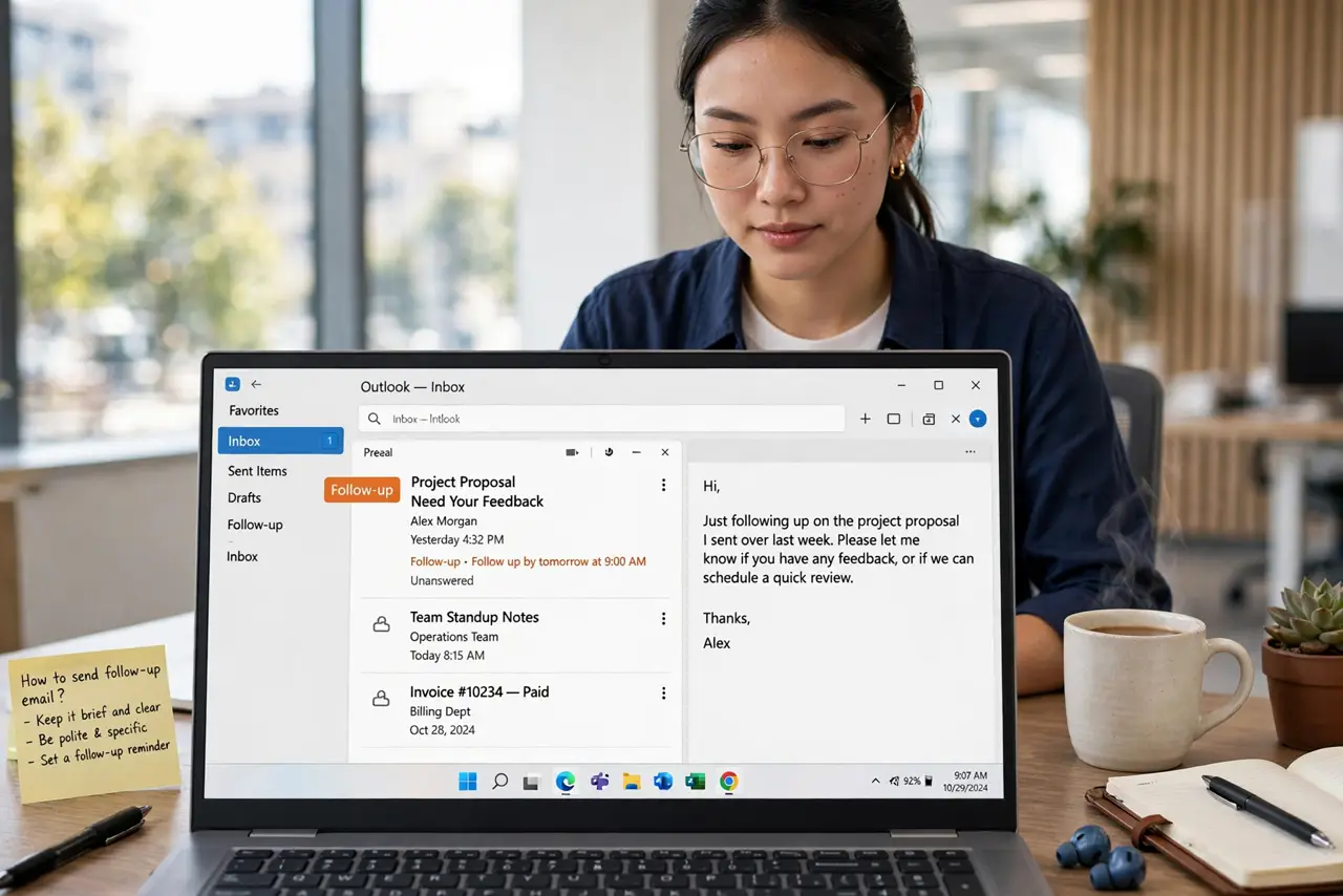 a person at a real laptop with an email inbox showing a follow-up reminder label on an unanswered message, the person's face organized and calm, bright office.