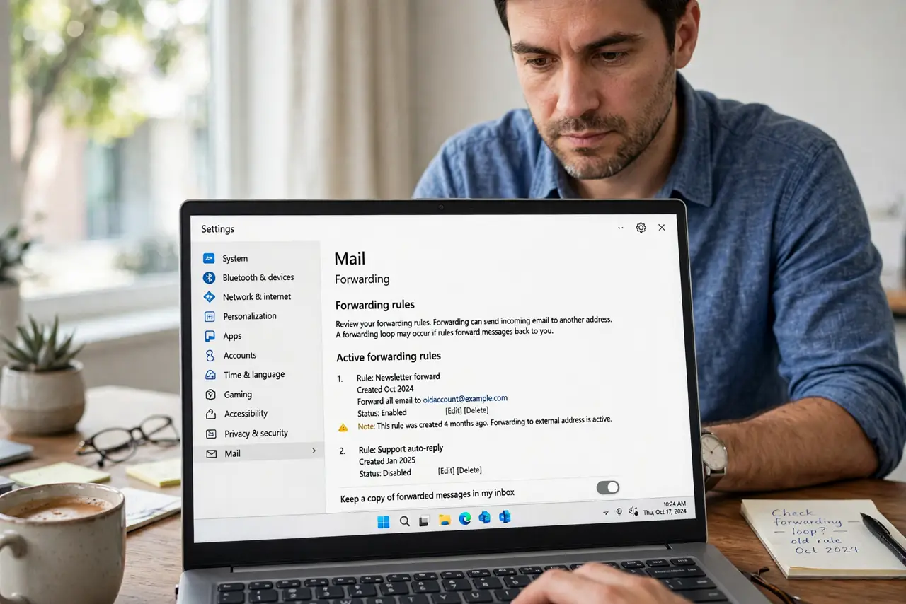 A person performing step 1 of the guide: Open your forwarding rules. Open your email settings and find the forwarding section. Read every rule, because the loop hides in a rule you forgot you created months ago.
