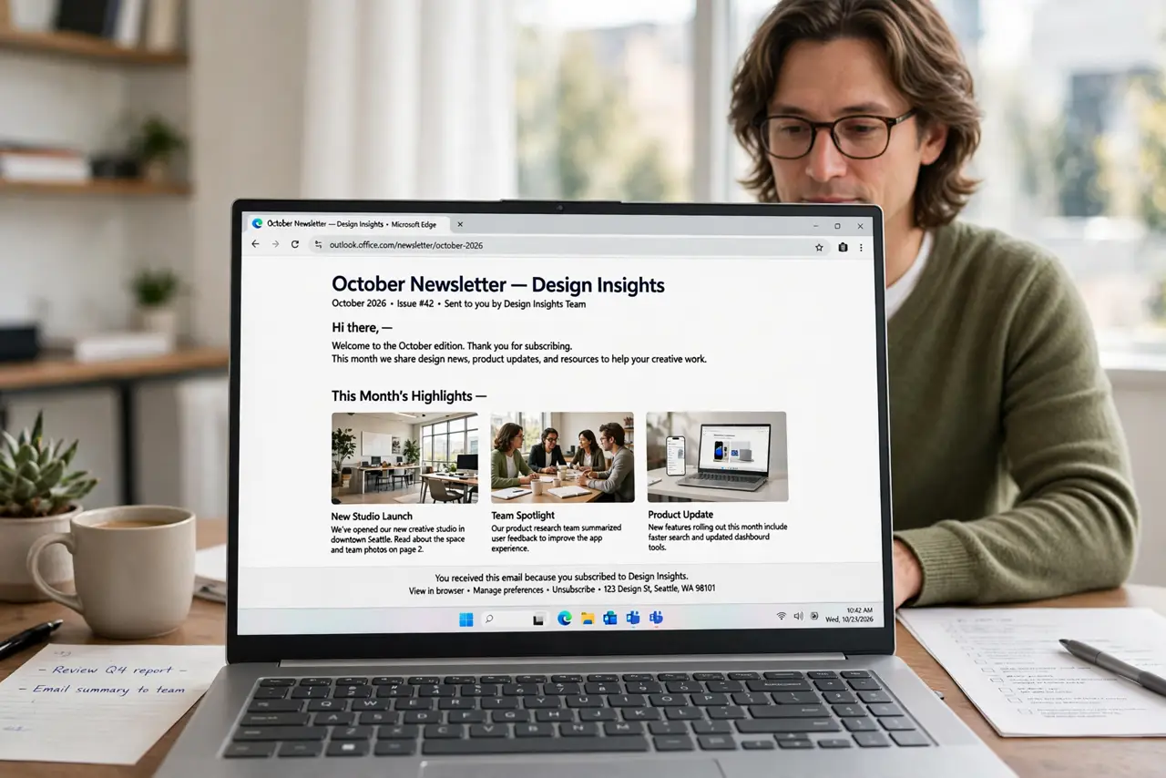 Photorealistic photo: A calm adult at a desk with a real Windows laptop, an email newsletter open on screen with photos visibly loaded, screen text legible.