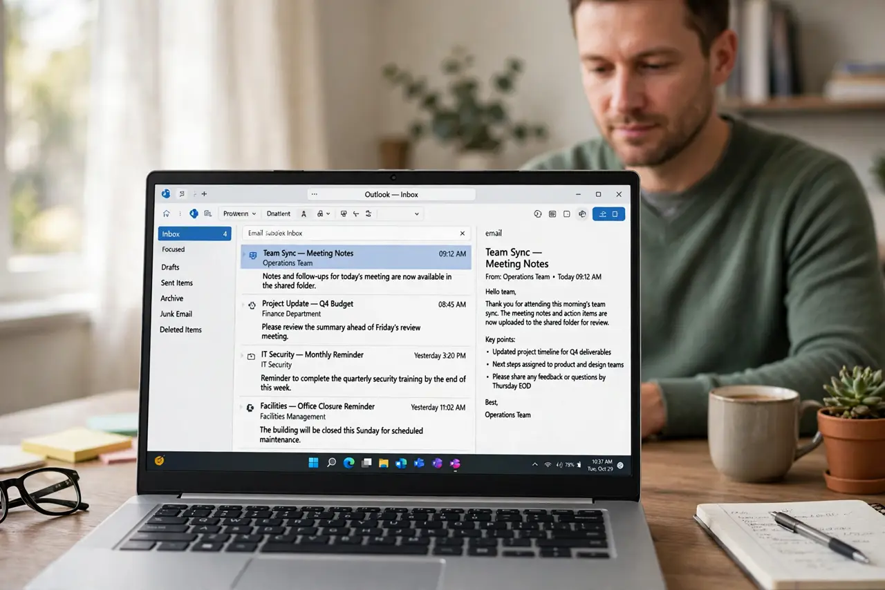 Photorealistic photo: A calm adult at a desk with a real Windows laptop, an email inbox open on screen showing a tidy short list, screen text legible, no personal email content readable.