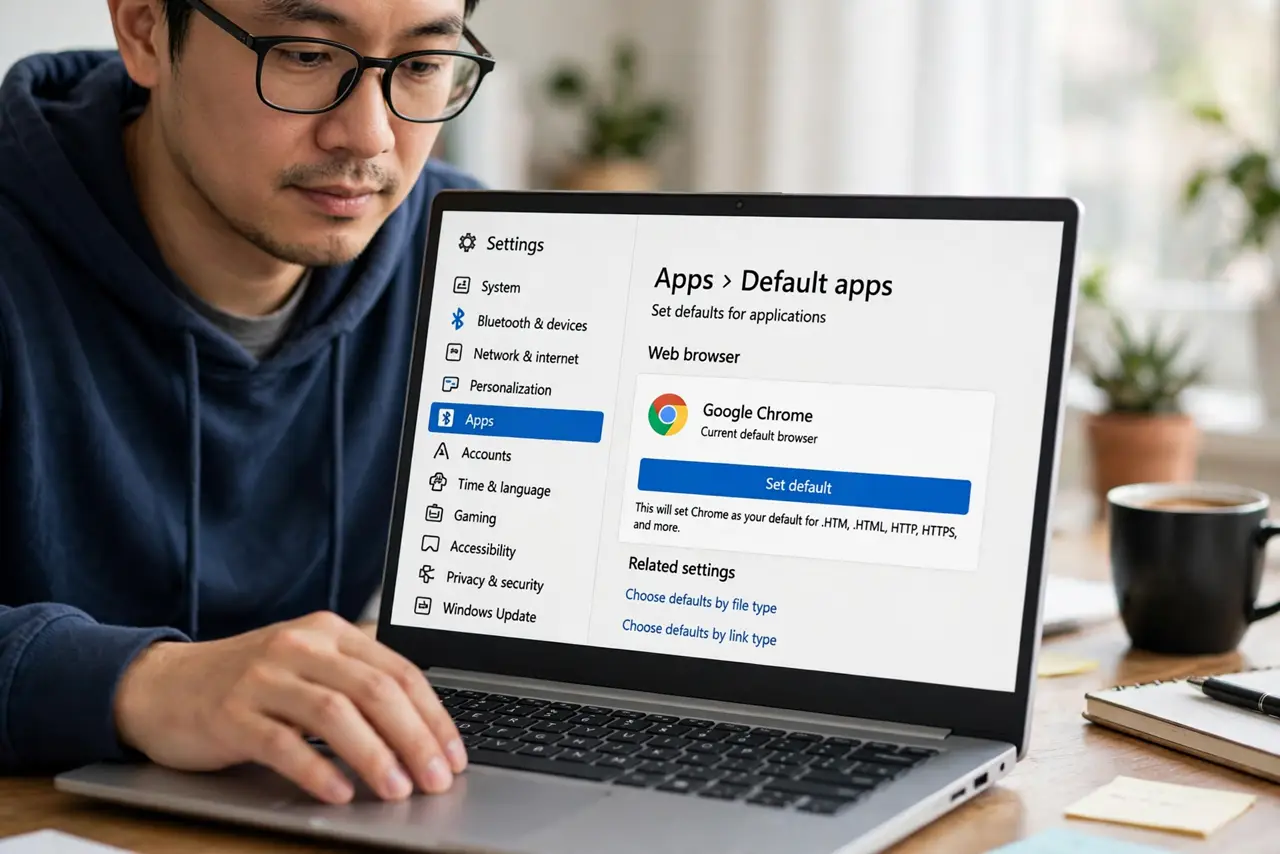 Person performing step 1: Set the system default browser. Open system settings, go to default apps, and set your preferred browser as the default for web links....