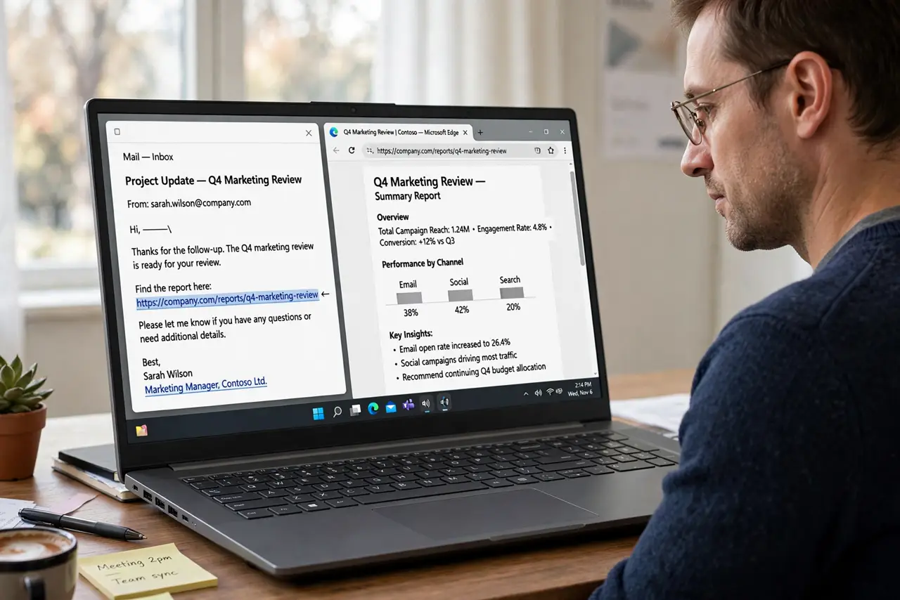Photorealistic photo: A calm adult at a desk with a real Windows laptop, an email message open on screen with a link highlighted, a browser window beside it, screen text legible.