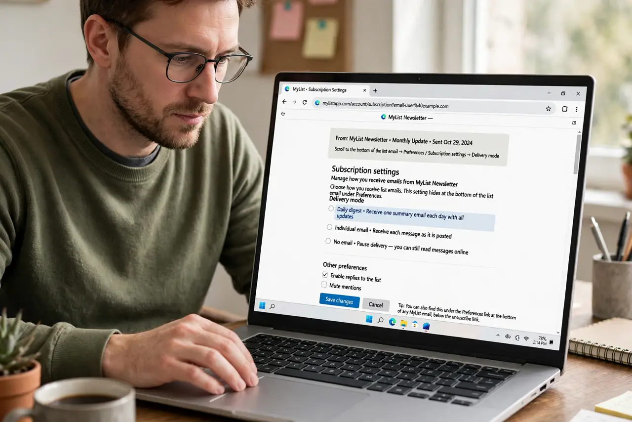 A person performing step 1 of the guide: Open the list's subscription settings. Find the subscription or preferences link, usually at the bottom of a list email. The delivery mode hides there, not in your email app.