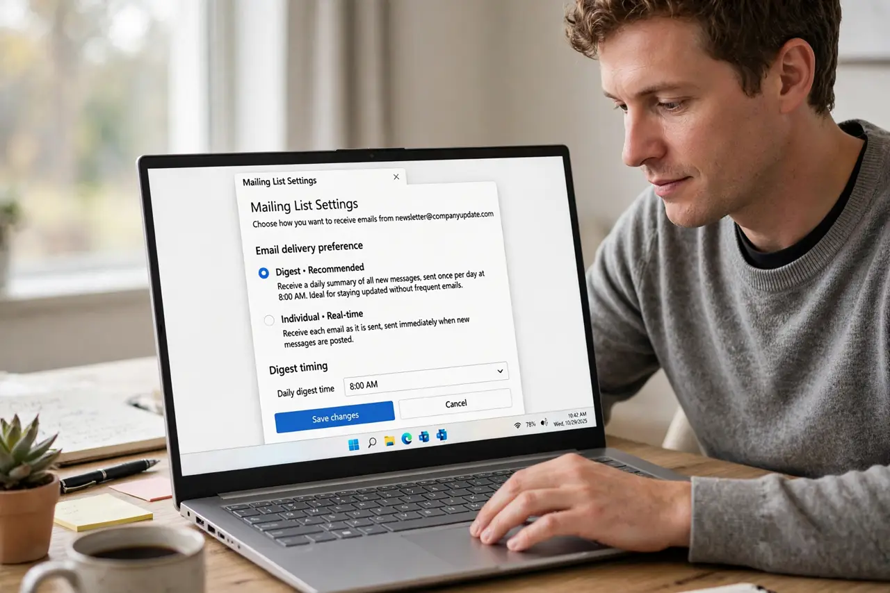 a calm adult at a desk with a real Windows laptop, the screen showing a mailing list settings page with digest and individual options fully legible, the person choosing one. No black screen, no blank white screen, no ...