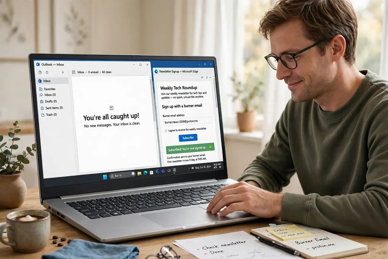 a person signing up for a newsletter with a separate burner email on a real laptop, main inbox clean beside it, the person's face satisfied, cozy desk.