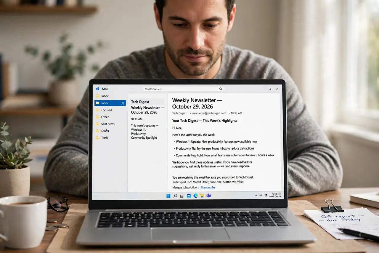 a calm adult at a desk with a real Windows laptop, the screen showing an email inbox with a newsletter and a fully legible unsubscribe link at the bottom, the person reading it. No black screen, no blank white screen,...