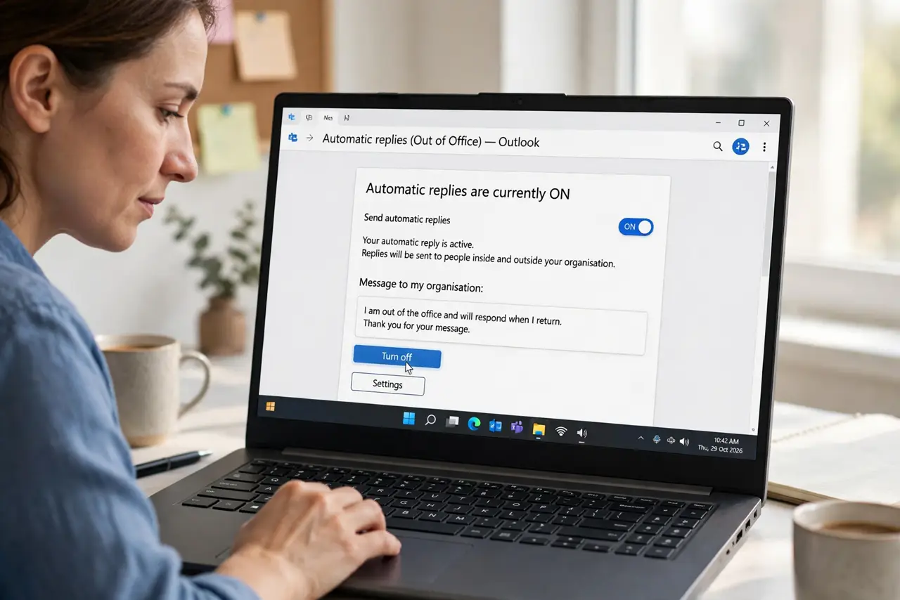 Person performing step 1: Turn off the out of office reply now. Open mail settings and turn the automatic reply off immediately. Stopping the loop first prevents...