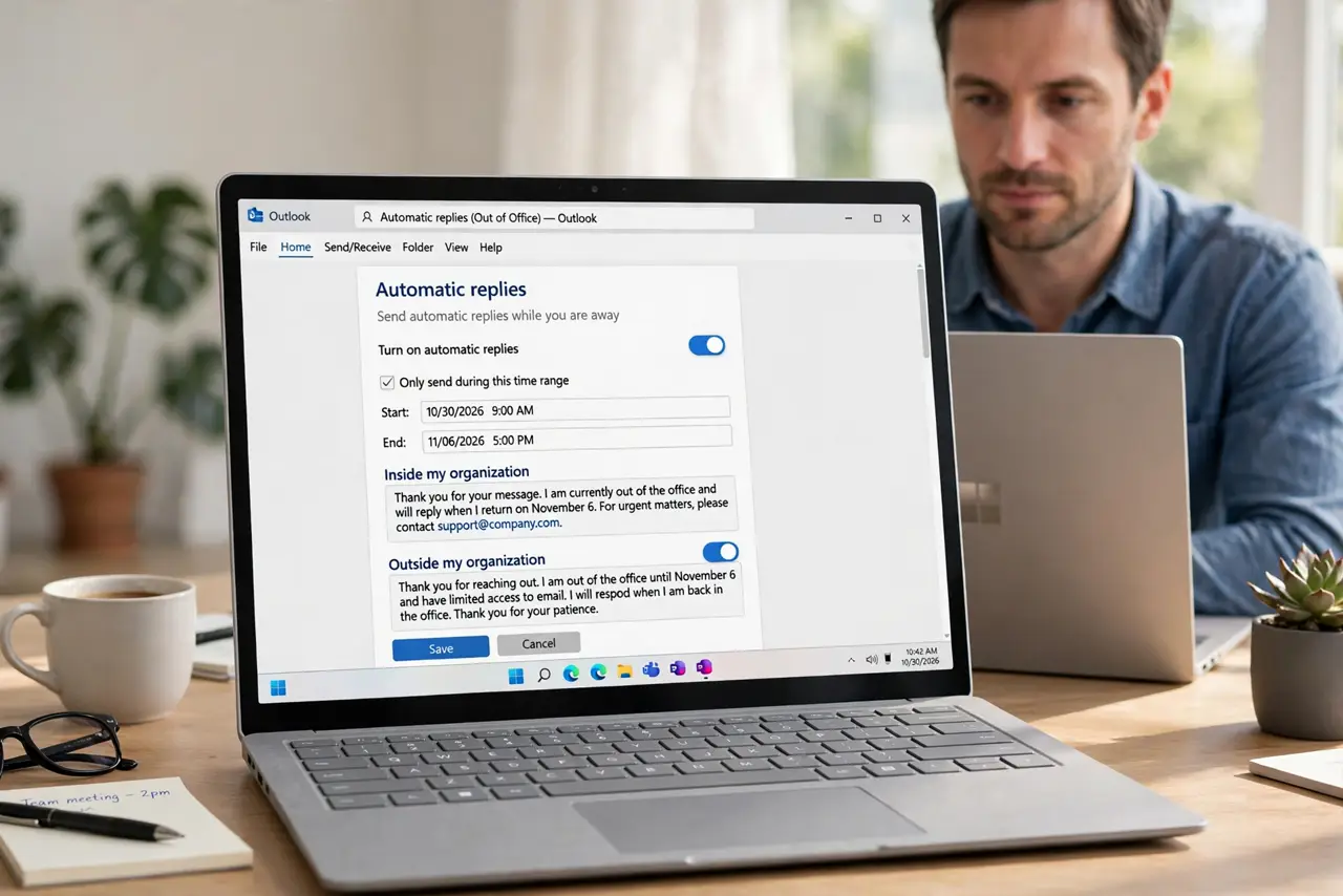 Photorealistic photo: A calm adult at a desk with a real Windows laptop, an email automatic-reply settings page open on screen, screen text legible.