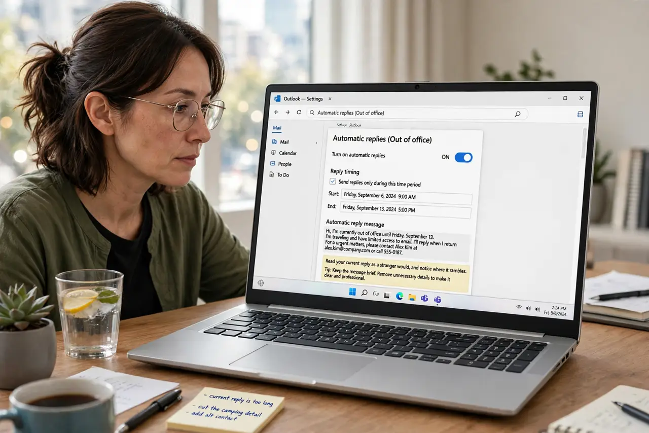 A person performing step 1 of the guide: Open the out-of-office settings. Find the automatic replies or out-of-office section in your email settings. Read your current reply as a stranger would, and notice where it ramble...