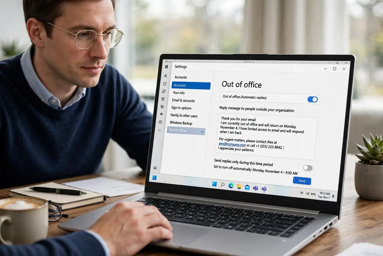 a calm adult at a desk with a real Windows laptop, the screen showing a short out-of-office message with fully legible text in the email settings, the person editing it. No black screen, no blank white screen, no fake...