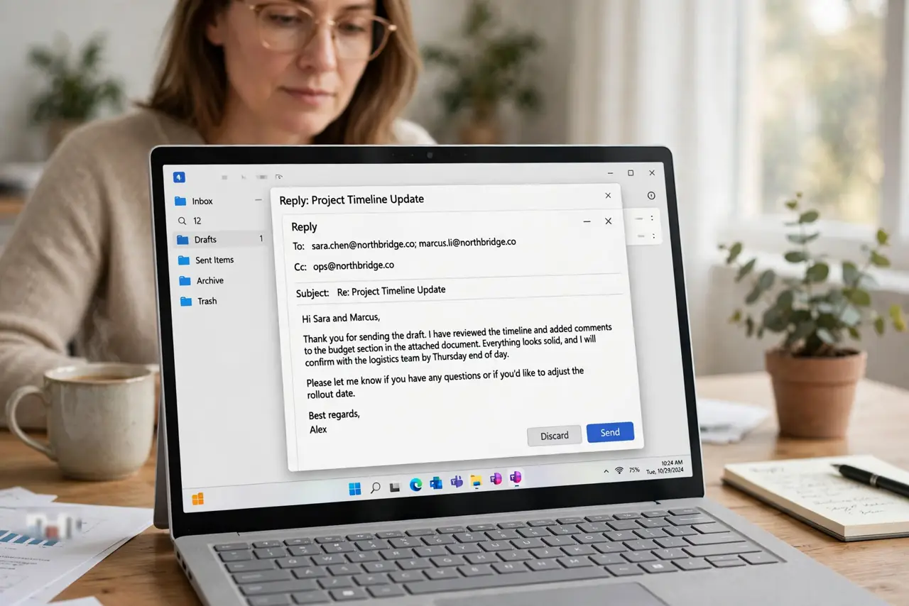 Photorealistic photo: A calm adult at a desk with a real Windows laptop, an email reply window open on screen with the recipient list visible, screen text legible.