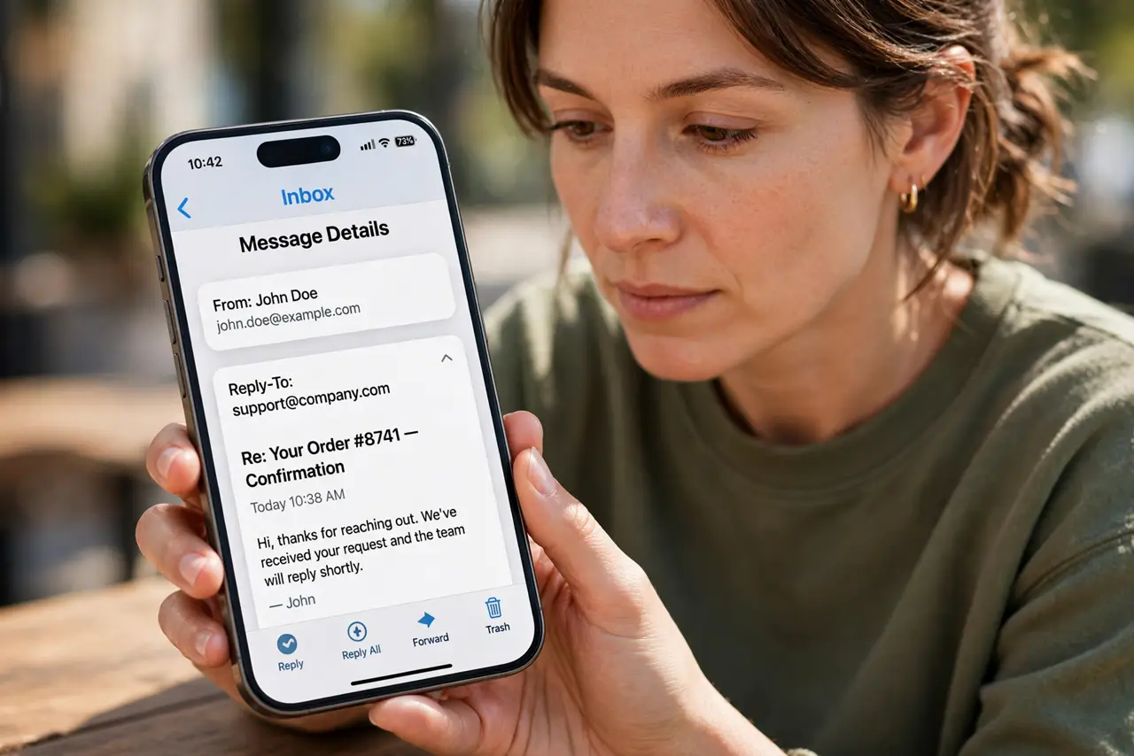 Email Reply-To Address Differs? Check It — step 1 being performed on the device.