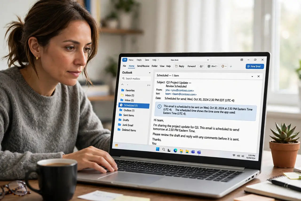 A person performing step 1 of the guide: Open the scheduled email. Find the email in your scheduled or outbox folder and open it. The scheduled time shown there reveals which time zone the app actually used.