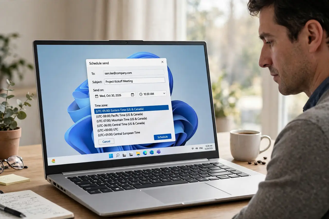 a calm adult at a desk with a real Windows laptop, the screen showing an email schedule dialog with a fully legible time zone dropdown, the person checking the selection. No black screen, no blank white screen, no fak...