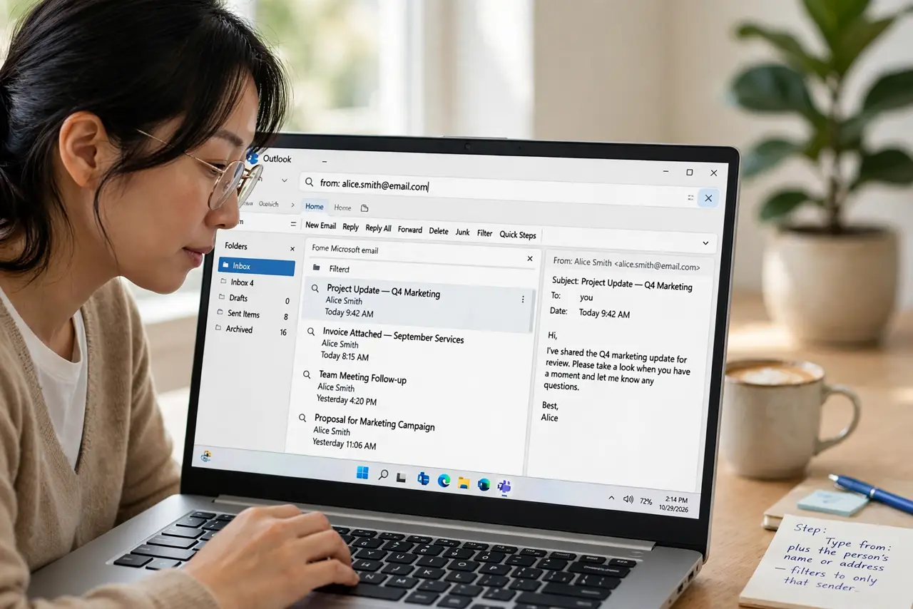 A person performing step 1 of the guide: Start with from: and the sender. Type from: plus the person's name or address. That one operator cuts years of mail down to one sender's messages in a second.