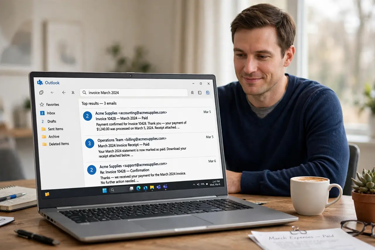 a calm adult at a desk with a real Windows laptop, the screen showing an email search box with a fully legible search query and results, the person looking satisfied. No black screen, no blank white screen, no fake or...