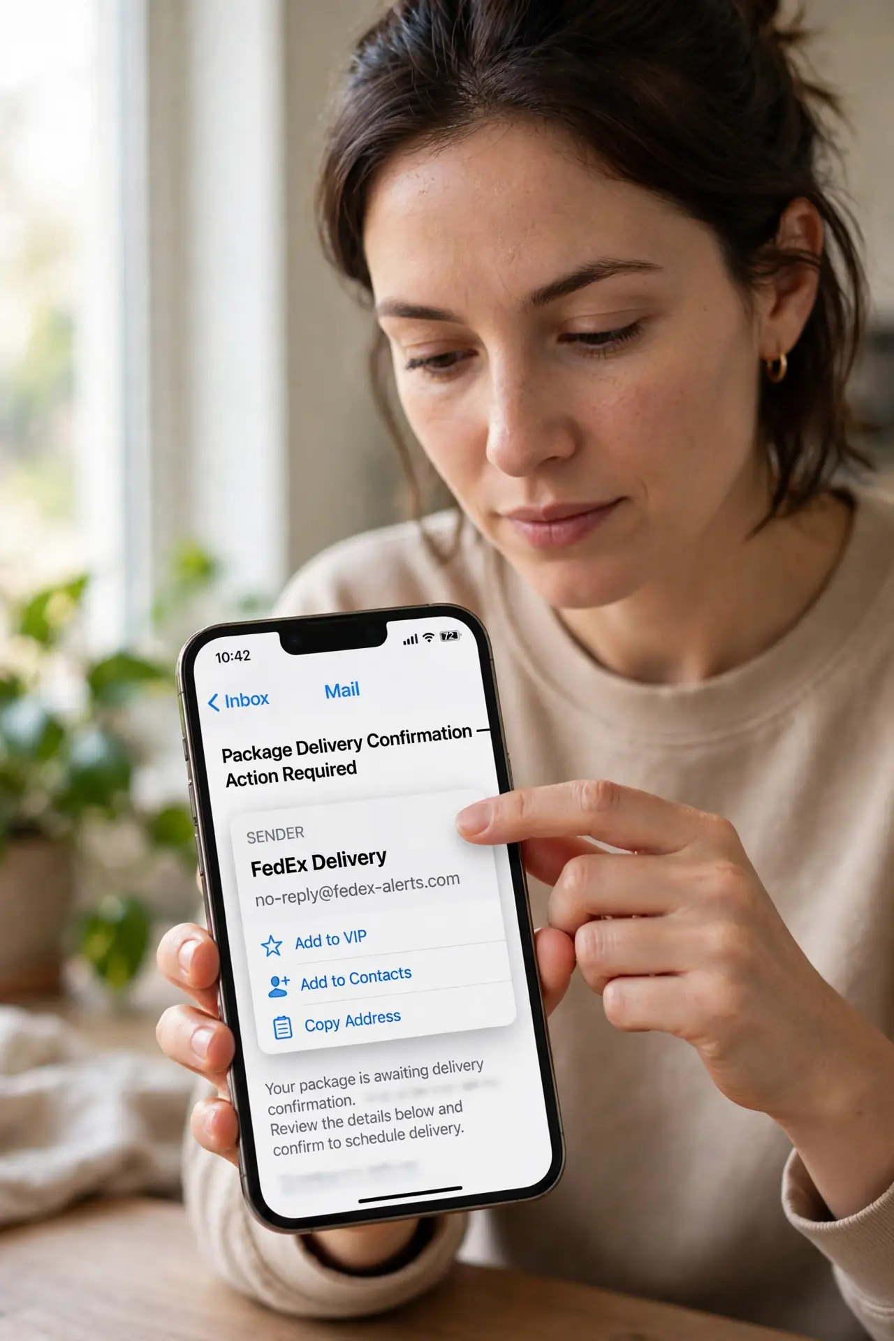 Email Sender Name Spoofed? Check the Address — step 1 being performed on the device.