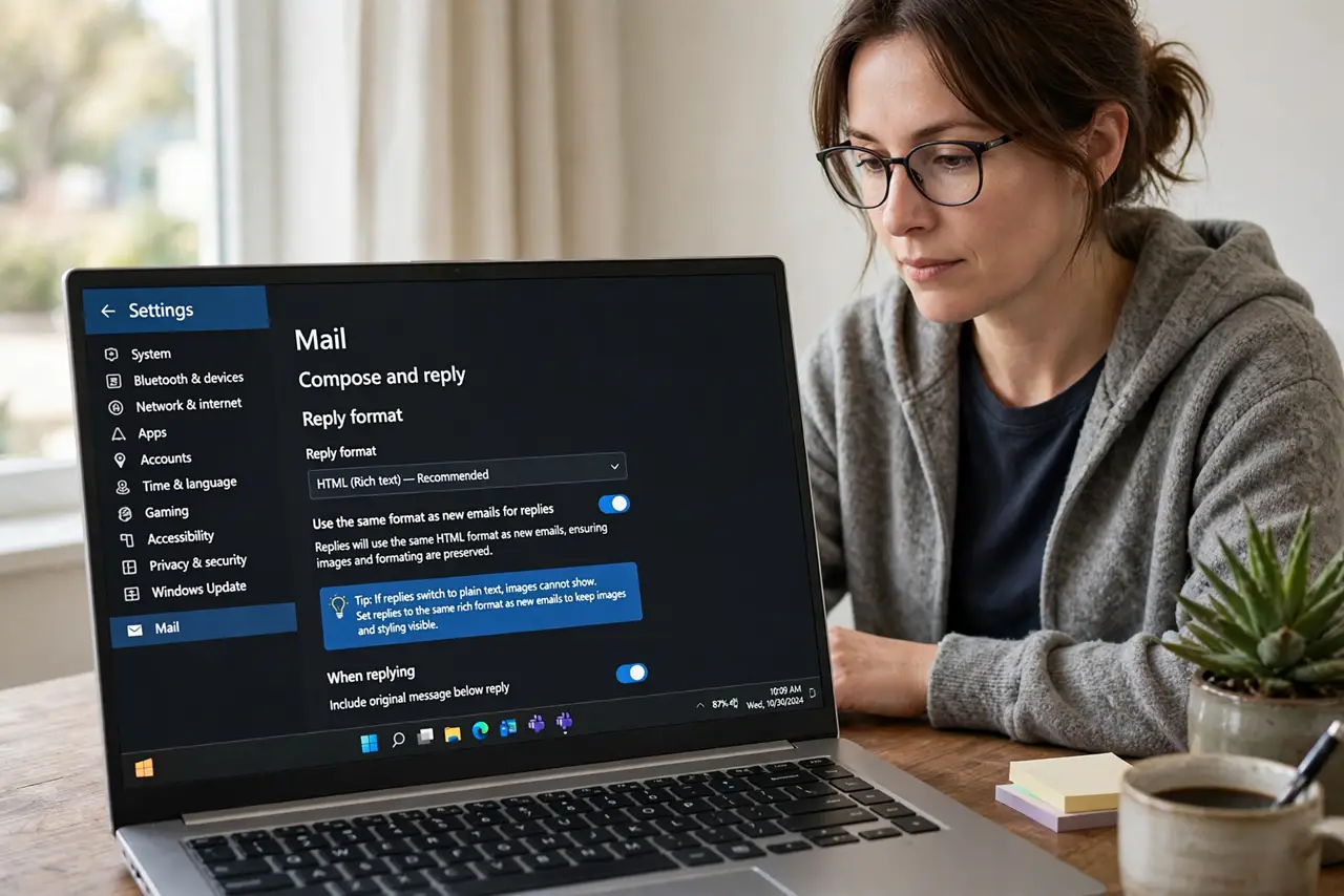 A person performing step 1 of the guide: Check the reply format setting. Open your email settings and see which format replies use. If replies switch to plain text, images cannot show, so set replies to the same rich form...