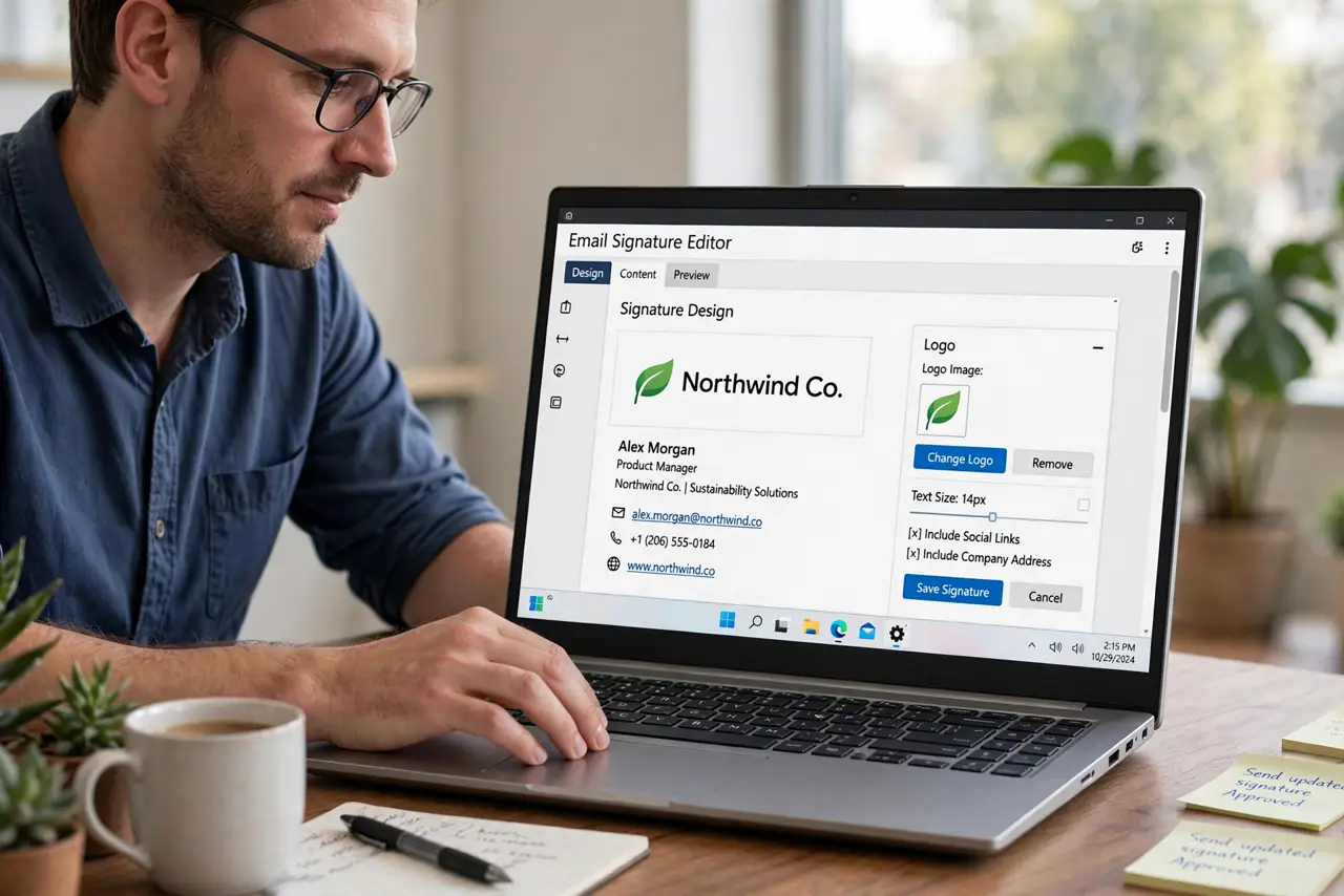 a calm adult at a desk with a real Windows laptop, the screen showing an email signature editor with a fully legible logo image, the person adjusting it. No black screen, no blank white screen, no fake or garbled scre...