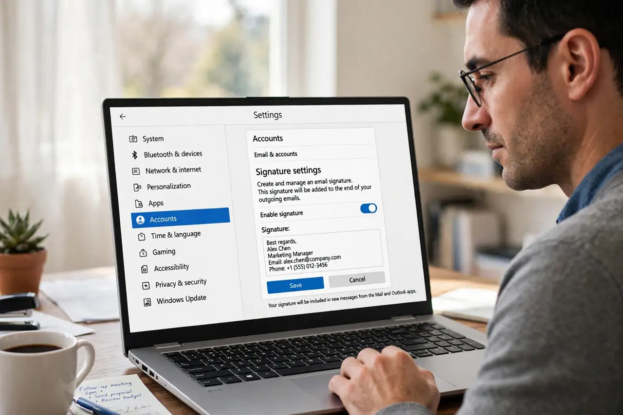 Person performing step 1: Open the signature settings. Open mail settings, find Signatures, and open the signature that lost its image. The broken image usually...