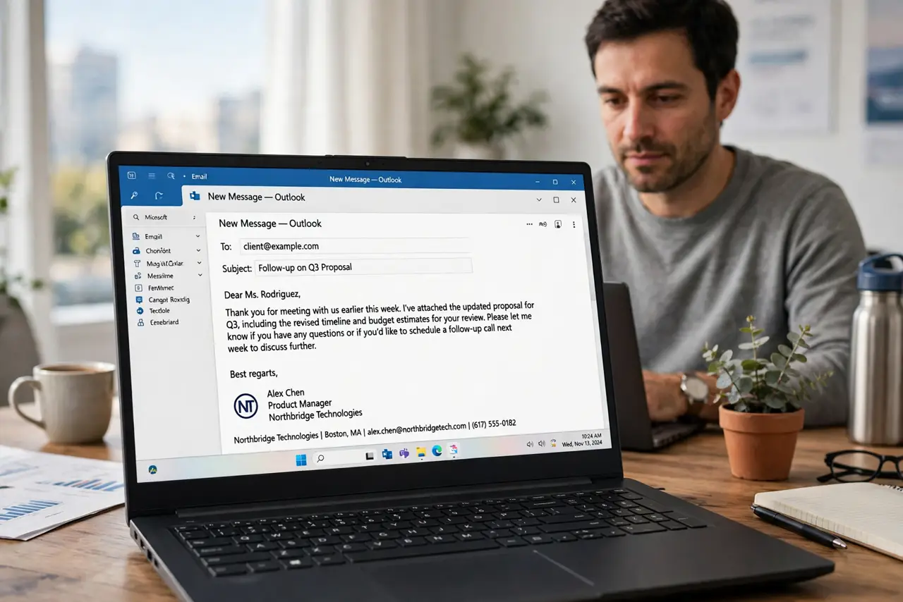 Photorealistic photo: A calm adult at a desk with a real Windows laptop, a new email message open on screen showing a neat signature with a small logo, screen text legible.