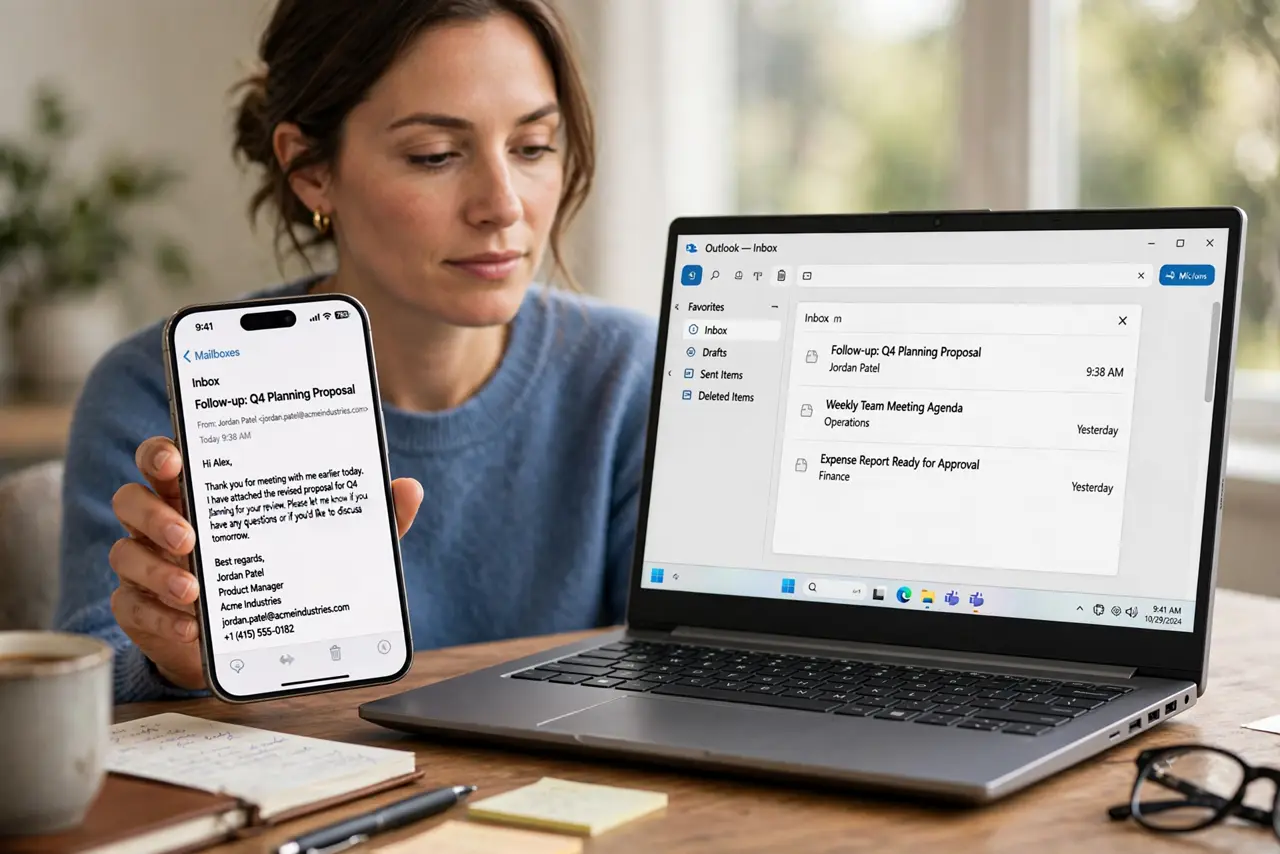 Photorealistic photo: A calm adult holding a real iPhone showing an email with a neat stacked signature, screen text legible, beside a laptop on a desk.