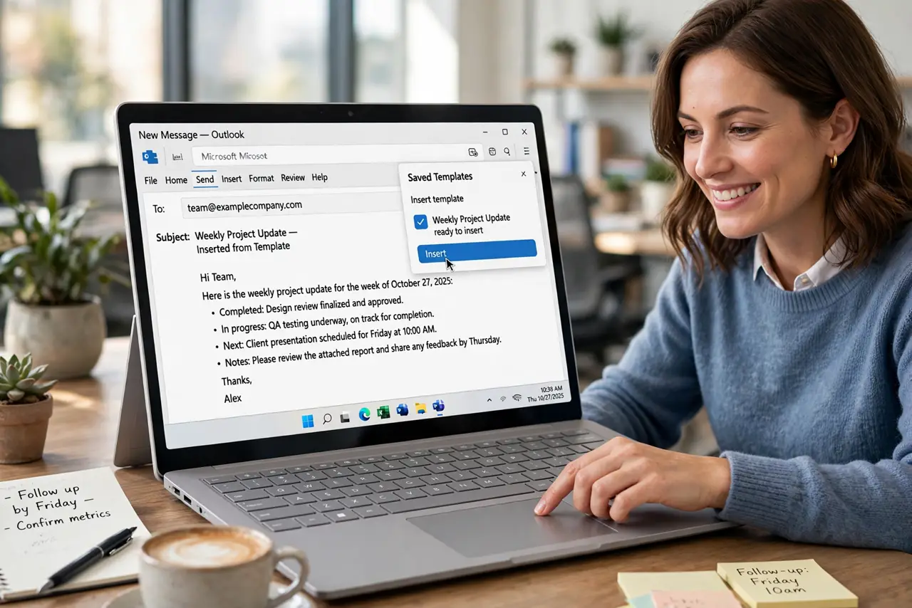 a person at a real laptop with an email compose window open, inserting a saved template with a click, the email text legible on screen, the person's face ple...