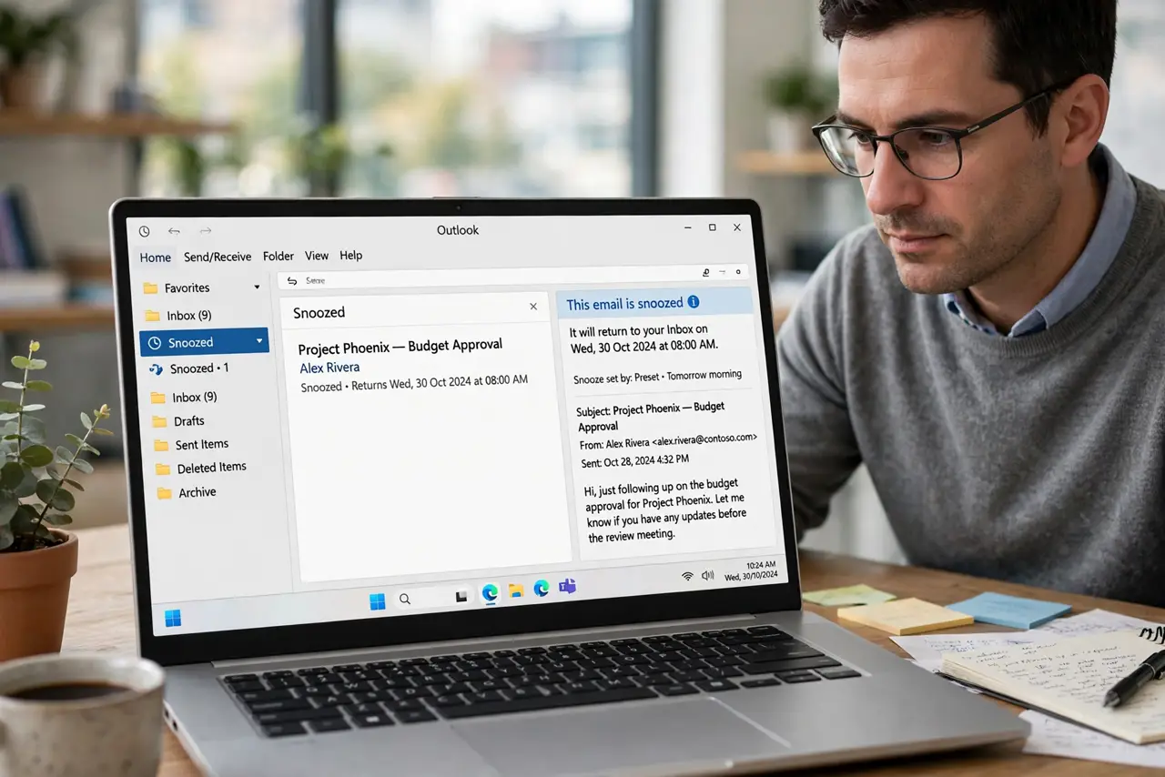 A person performing step 1 of the guide: Open the snoozed email's status. Find the email in the Snoozed folder and note when it is set to return. The shown return time often reveals whether a preset or a custom time cause...