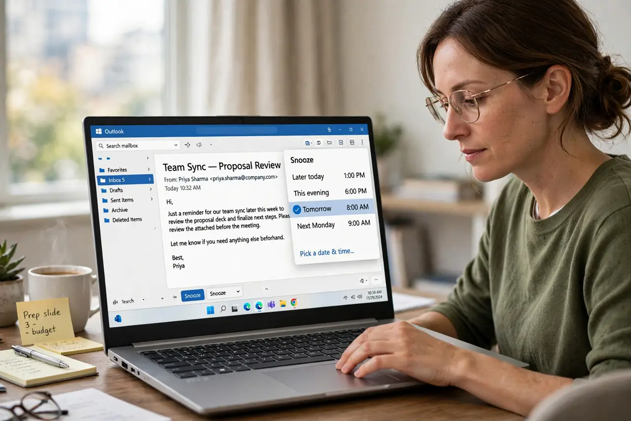 a calm adult at a desk with a real Windows laptop, the screen showing an email with a snooze menu open and fully legible time options, the person choosing one. No black screen, no blank white screen, no fake or garble...