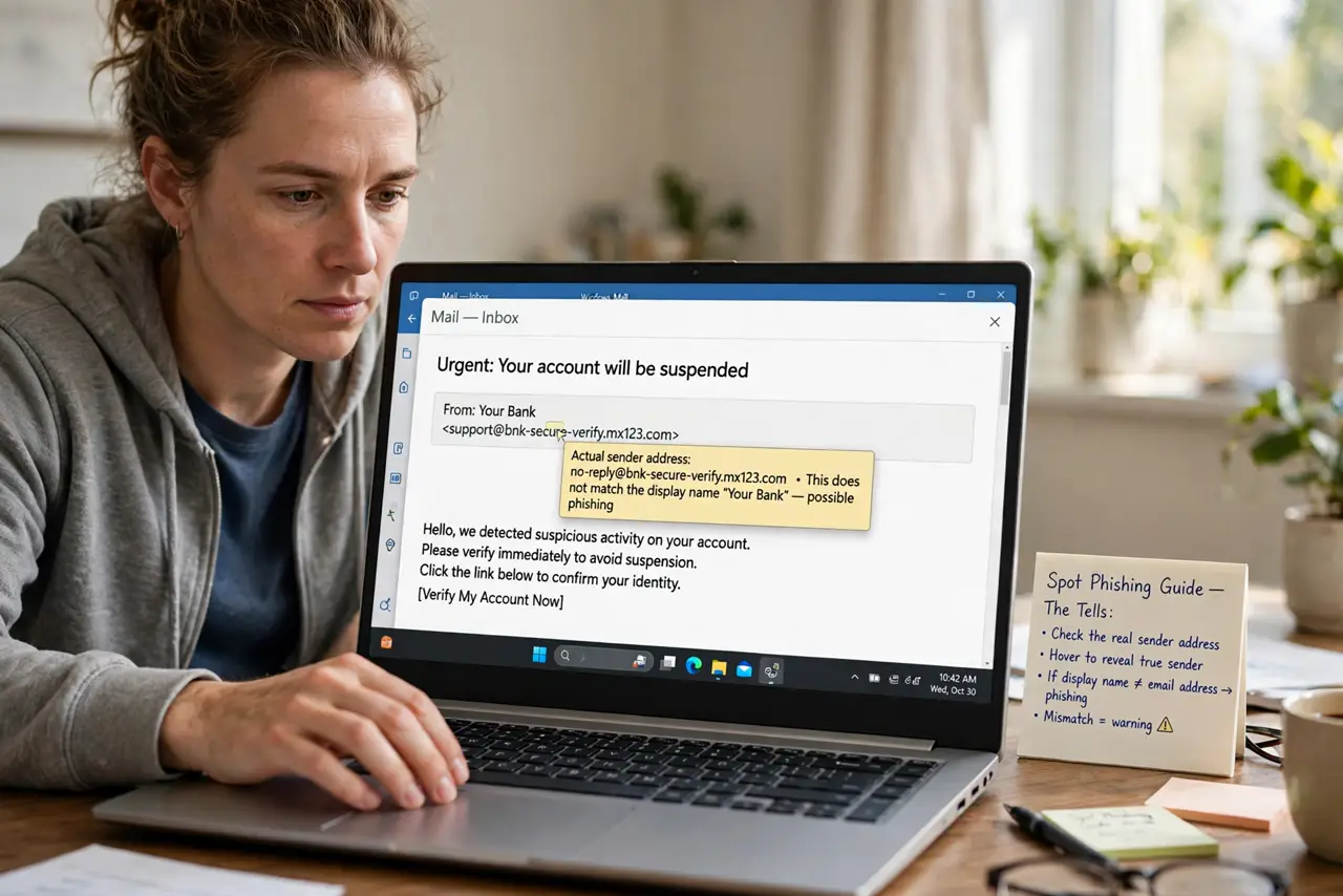 A person performing the first step of the guide: Look at the real sender address.