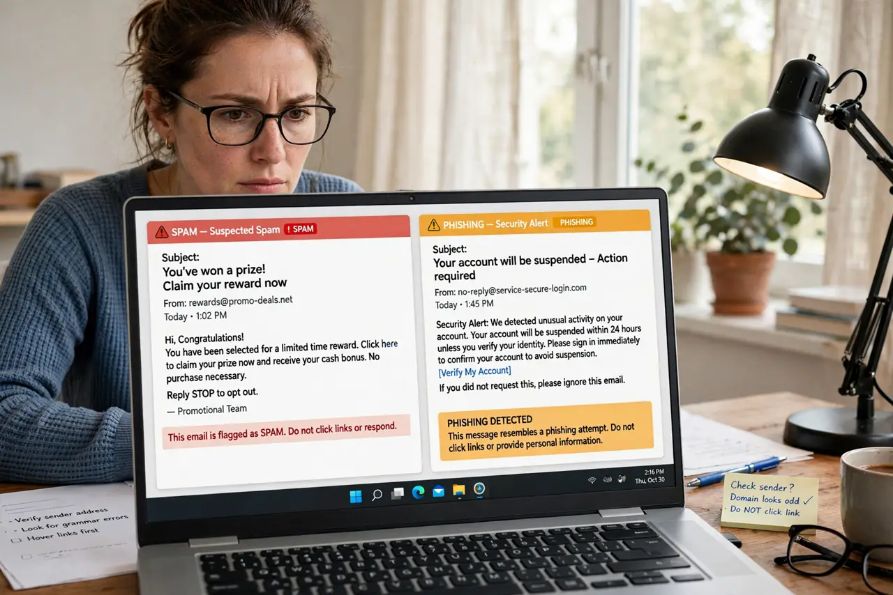 a person studying two real emails side by side on a laptop screen with legible subject lines, one marked spam and one flagged phishing, the person's face wary and analytical, desk lamp.