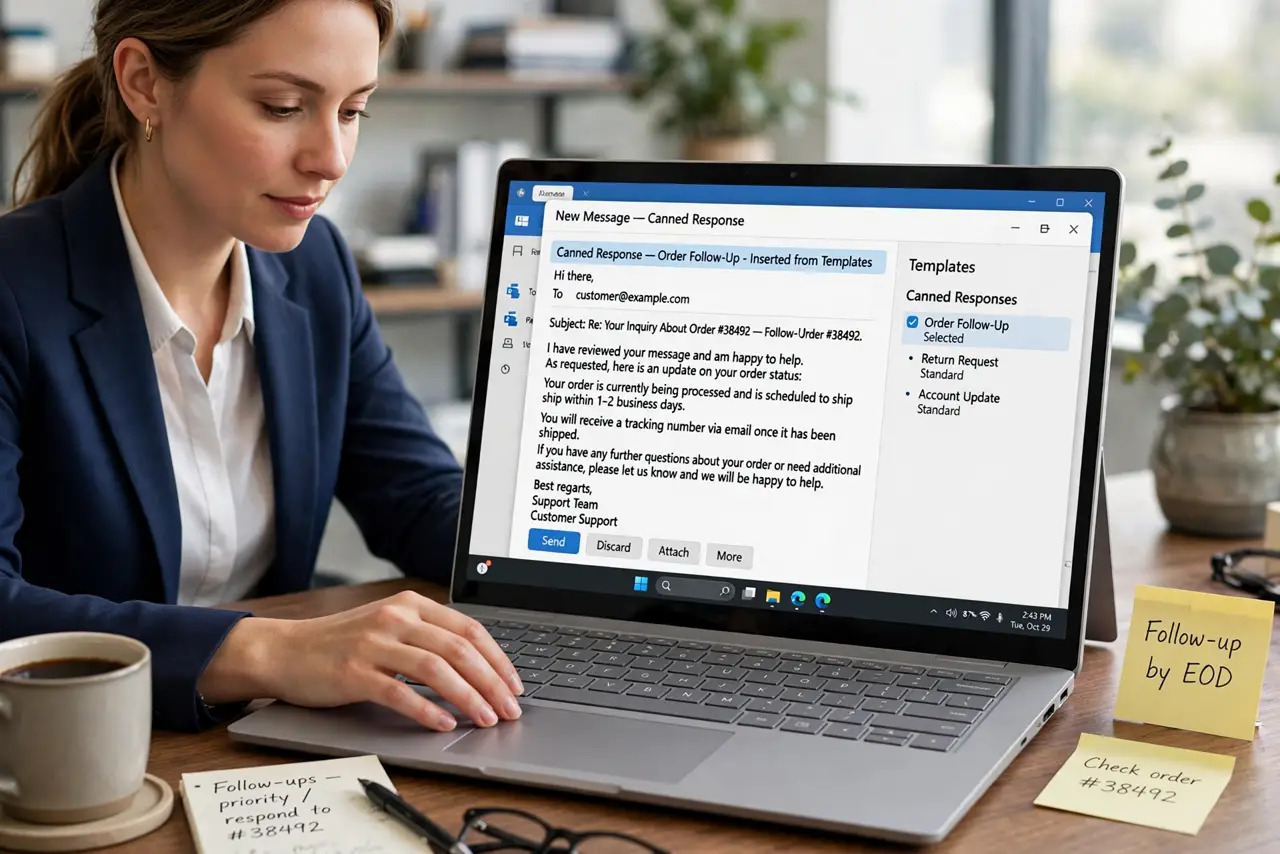 Answer Repeat Emails With Templates — a calm professional inserting a canned email response on a real laptop, the email template with fully legible